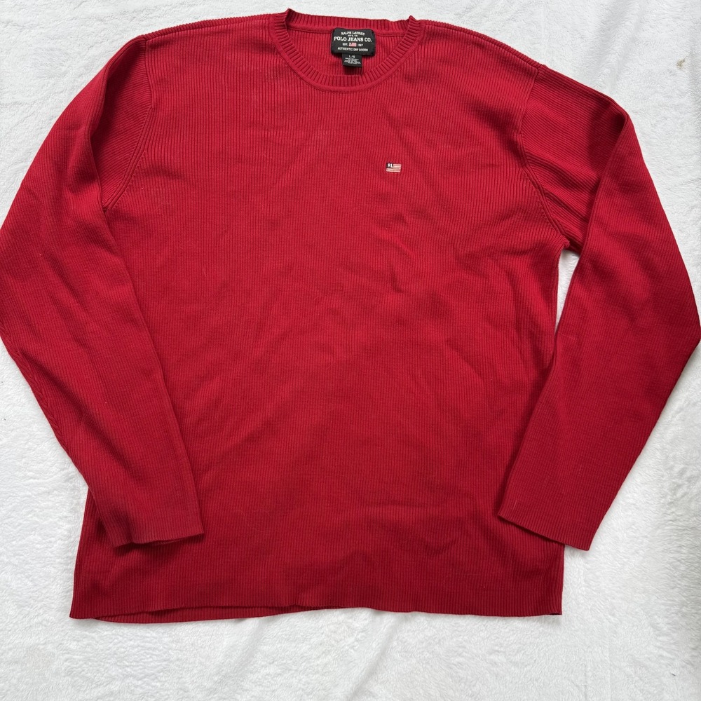 Ralph Lauren Polo Jeans Co Sweater Mens Large Red Crewneck Flag Logo Made Japan